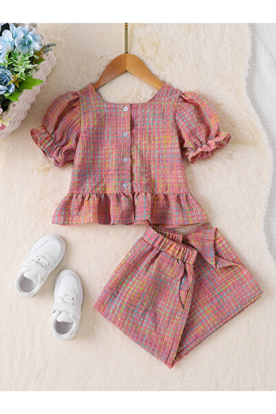 Take Two By Styli Girls Checkered Puff Sleeve Top and Pants Set