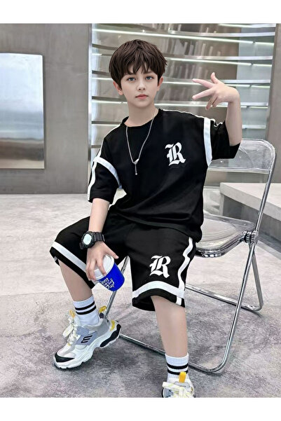 Take Two By Styli Boys Black Graphic Print T-Shirt and Shorts Set