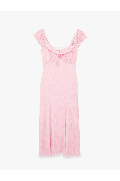 Koton Sleeveless Lace-Up U-Neck Wrinkled Lace Detailed Long Dress