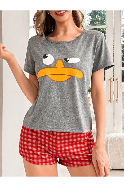 Take Two By Styli Grey Graphic Print T-Shirt and Checked Shorts Set