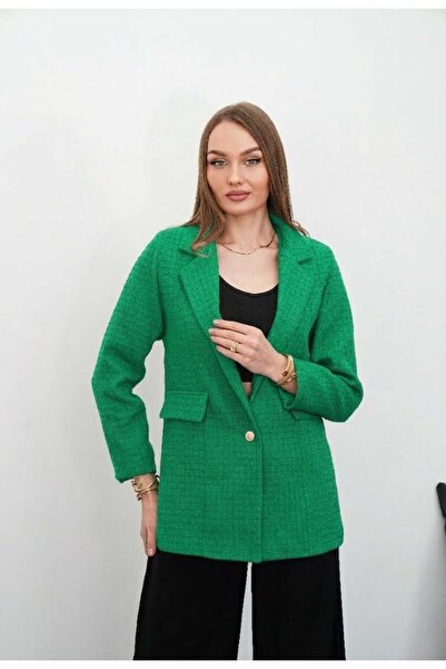Niora Moda Yeşil Tek Düğmeli Astarlı Tuvit Ceket