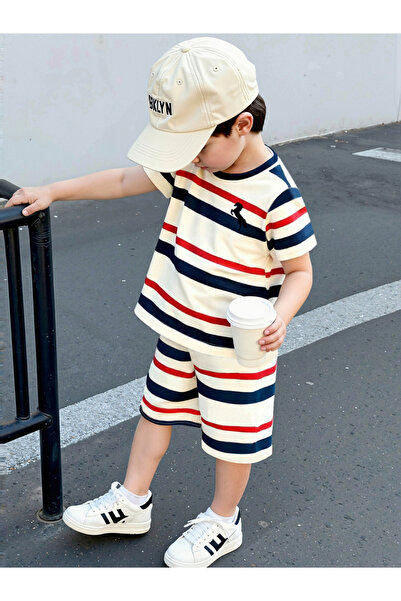 Take Two By Styli Boys Striped Round Neck T-Shirt and Shorts Set