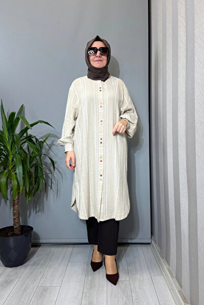 Ghisa K Linen Shirt with Detailed Back Embroidery Beige Ç Striped 3610t4088