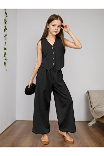Take Two By Styli Girls Black Buttoned Waistcoat and Trousers Set
