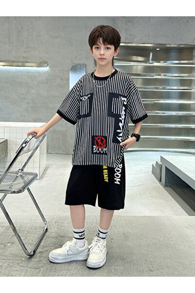 Take Two By Styli Boys Black Graphic Print T-Shirt and Shorts Set