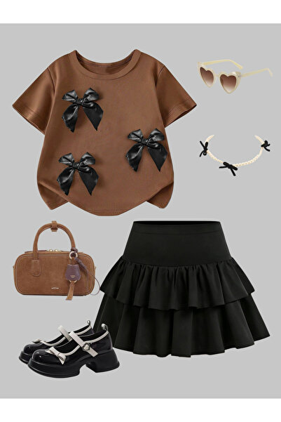 Take Two By Styli Girls Bow Detail Round Neck Top and Ruffle Skirt Set