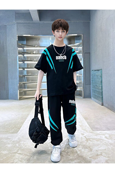 Take Two By Styli Boys Black Graphic Print T-Shirt and Pants Set
