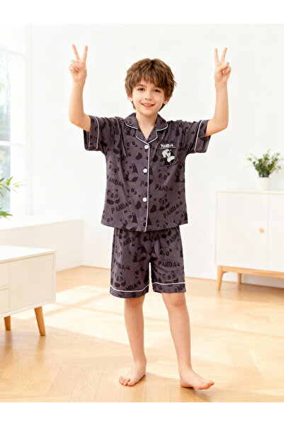 Take Two By Styli Boys Panda Print Pocket Detail Shirt and Shorts Pyjama Set