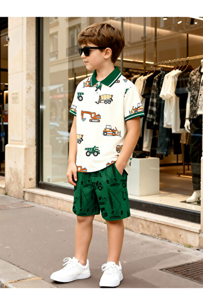 Take Two By Styli Boys Truck Print Polo T-Shirt and Shorts Set