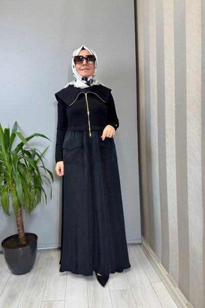 MISS DALIDA Fermuar Detaylı Yüksek Yakalı Cupro Elbise Siyah T26Y-4032