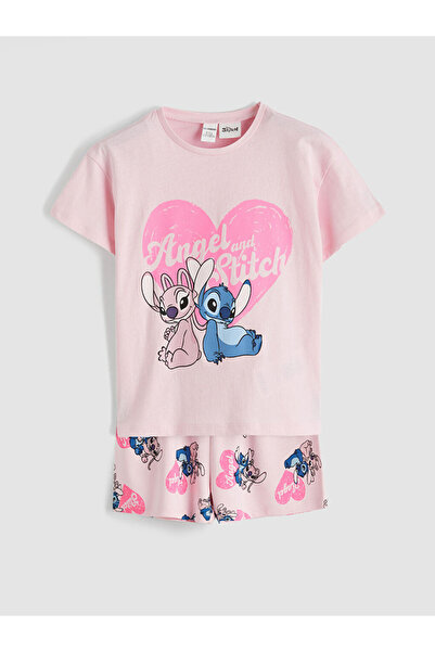 LC Waikiki Ροζ μπλουζάκι και σορτς για κορίτσια με στάμπα Stitch και Angel