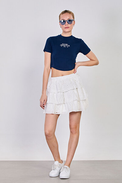 BARRELS AND OIL Women's Embroidered Pack Ruffled Mini Skirt - Ecru