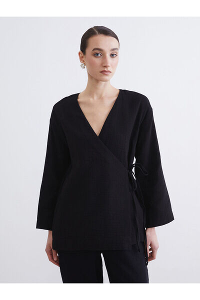 LC Waikiki NEVAVM Farkıyla LCW Modest Μαύρο Γυναικείο Κιμονό Μουσελίνας με Δι...