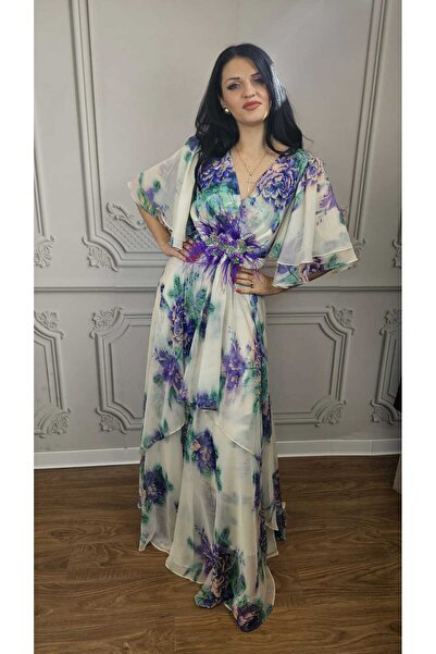Diva Exclusive Fashion Women's Elegant Long Dress with Printed and Feather De...