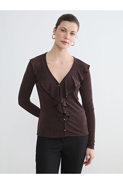 LC Waikiki Brown V-Neck Ruffled Women's Cardigan