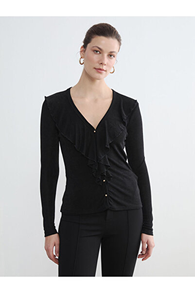 LC Waikiki كارديجان نسائي أسود برقبة على شكل حرف V مع كشكشة