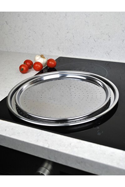 Qualitev Set of 2 Stainless Steel Pizza Trays Oven Lahmacun Pita Tray