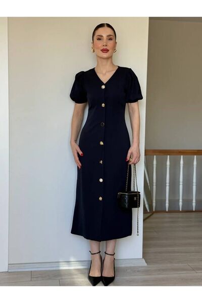 maf collection Γυναικείο φόρεμα με χρυσά κουμπιά και λεπτομέρειες, σκούρο μπλ...