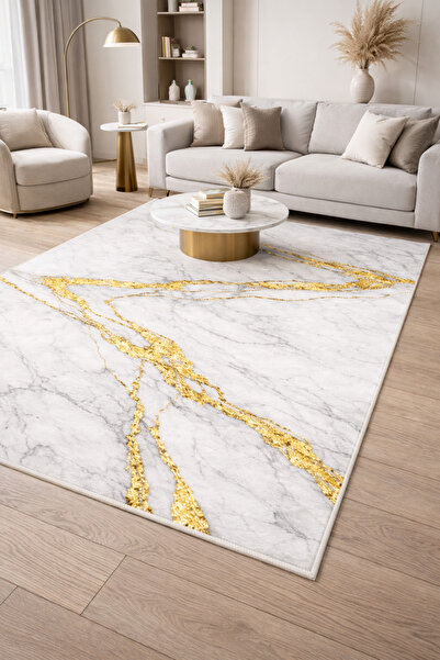 GNL HOME Gold Mermer 1 Djital Baskı,Kaymaz Taban, Yıkanabilir Salon, Mutfak,K...