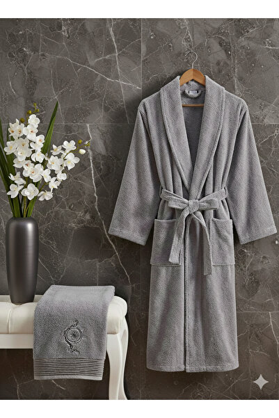 COTTONQUEEN طقم رداء حمام منشفة أنثراسايت للجنسين من Zena مكون من قطعتين