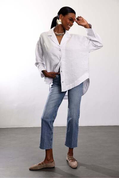 5in1Canpolat White Oversized Linen Shirt 1926