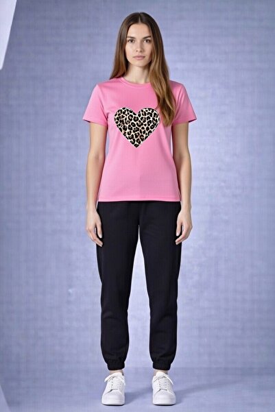 x-compass life Women's Casual Sports Set Leopard Heart Patterned T-Shirt Trac...