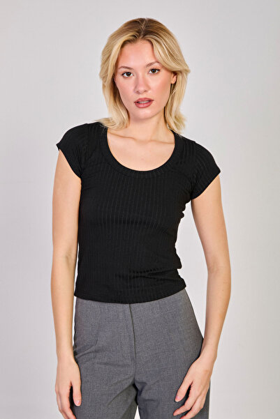 BARRELS AND OIL Wide neck short sleeve Corded Fabric bodysuit - black