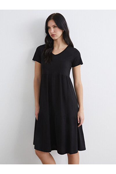 LC Waikiki Lcw Comfort Black V-Neck Layered Dress with Nevavm Difference - S6...