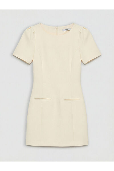 LC Waikiki Κίτρινο μίνι φόρεμα με λαιμόκοψη ποδηλάτου και μανίκια καρπούζι απ...