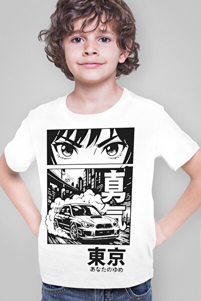 ROCKANDROLL Tricou alb cu mânecă scurtă Drift Anime pentru băieți