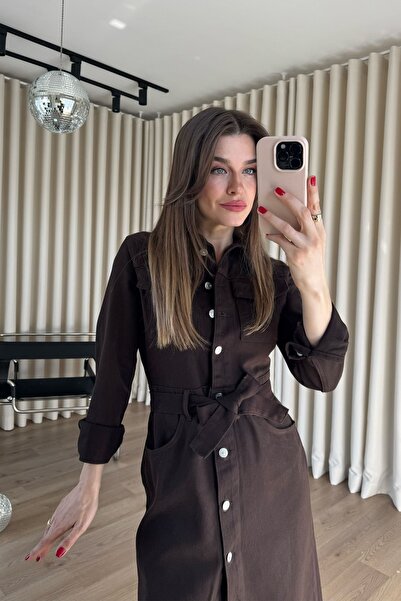 Sue Store Acı Kahve Pocket Detail Belted Jeans Shirt Dress