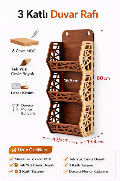 Özkan Lazer 3 Katlı Duvar Rafı MDF Baharatlık Raf Ofis Organizer Dekoratif Du...