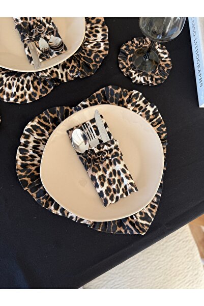 KaiAtelier 6Lı ليوبارد كارديغان مزين بالكشكشة كتان سوبلا / مفرش طاولة فردي