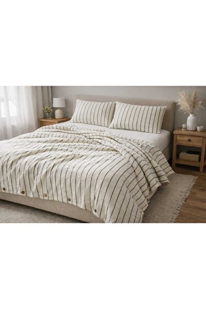 GİNETEKS Natural Striped Muslin Duvet Cover Set Double Size Organic