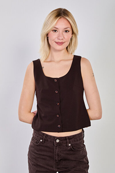 BARRELS AND OIL Bluză cu nasturi și decolteu în U pentru femei vestă - Maro amar