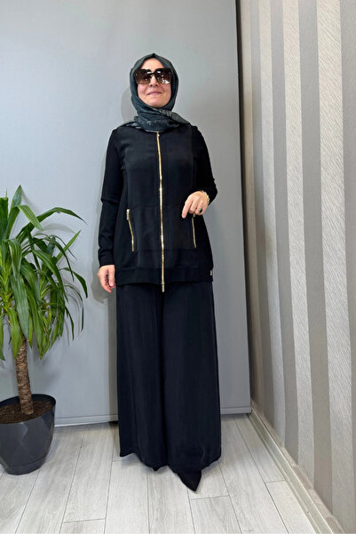 MISS DALIDA Zippered Cupro Detailed Knitwear Jacket Black T26Y-8203