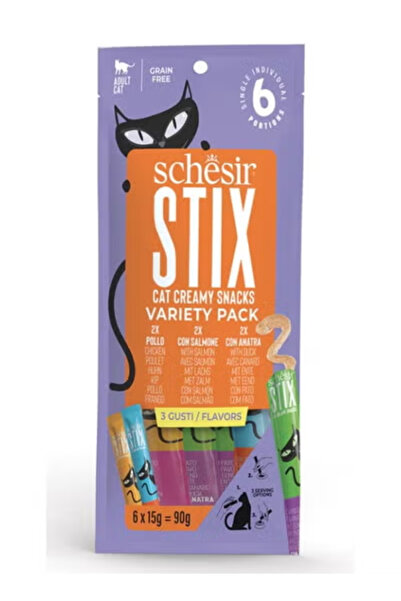 Schesir Stix Creamy Cat Treats Variety Pack – 3 Flavors: Chicken, Salmon & Du...