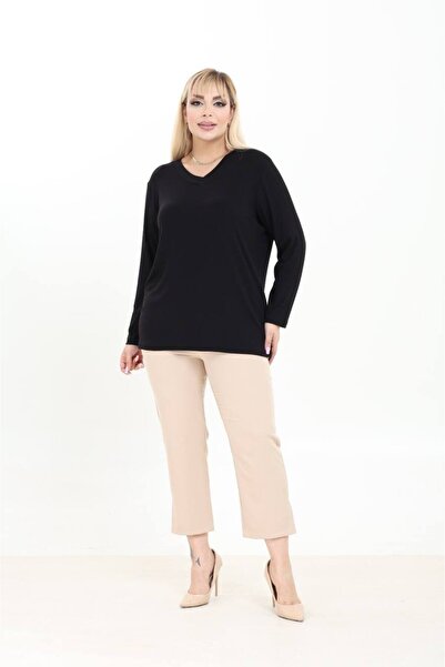 SPORTİVEA Plus Size Women's V-Neck Long Sleeve Basic T-Shirt Comfort Fit Casu...