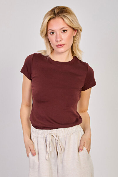 BARRELS AND OIL Women's Crew Neck Short Sleeve Bodysuit - Bitter Brown