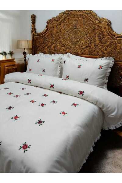 BAŞ TASARIM White Duvet Cover Set with Embroidered Flowers and Ruffles