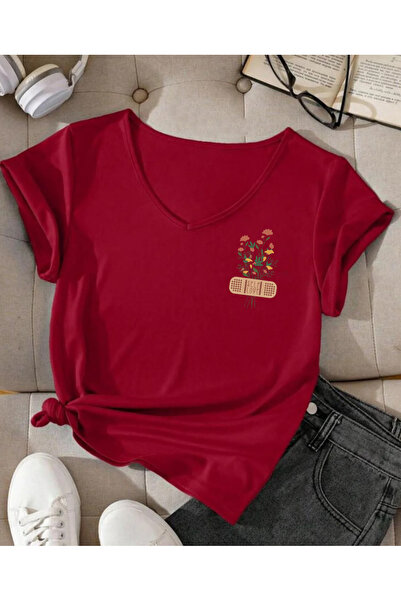 SUNFREE SELF LOVE ÇİÇEK B cu imprimeu Tricou cu decolteu în V pentru femei P ...