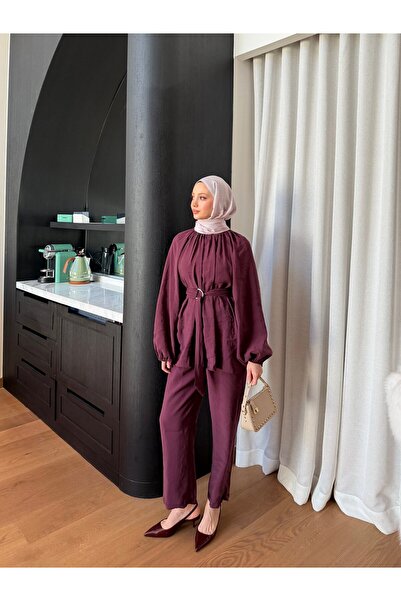 Miraydın Butik Women's Belt Piece Set and Pants Modal Set M41649 - Plum