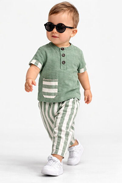 UmBaby Baby Boy Muslin Summer Set – Muslin 2-Piece Baby Set with Striped Pants