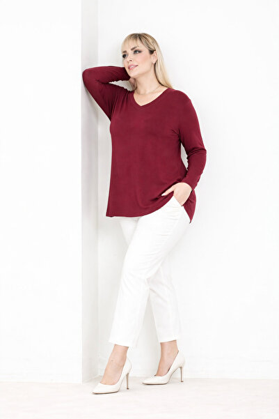 SPORTİVEA Plus Size Women's V-Neck Long Sleeve Basic T-Shirt Comfort Fit Casu...