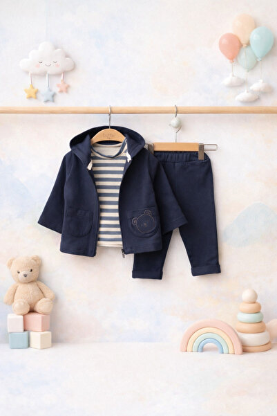 Bobby ERKEK BEBEK 3'LÜ TAKIM KAPÜŞONLU HIRKA ÇİZGİLİ BODY PANTOLON BEBEK TAKIM