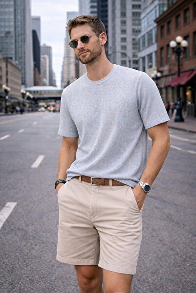 Maccali Men's Casual Patterned Premium Summer A.Blue Linen T-Shirt