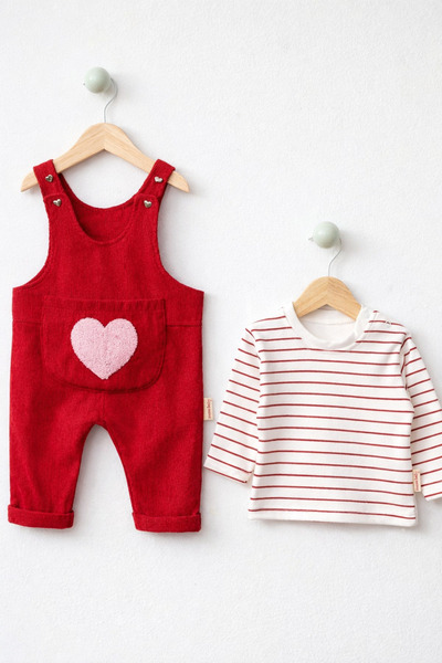 Bobby KIZ BEBEK KALP CEPLİ KADİFE SALOPET TAKIMÇİZGİLİ BODY 2!Lİ TAKIM