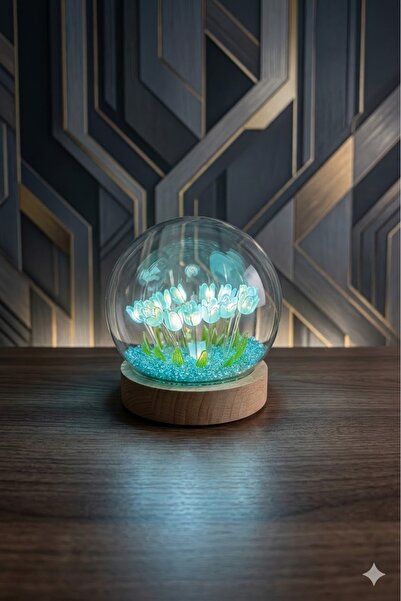 ENMA STORE Fanus İçinde Lale Bahçesi Tasarımlı Ledli Masa ve Gece Lambası