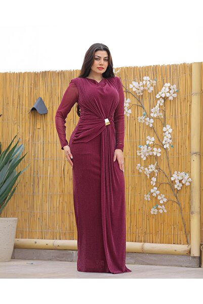 Opera Fashion Long evening dress with draping details and a waist accessory