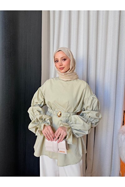Miraydın Butik Women's Balloon Sleeve Detail Belted Shirt M81289 - Green